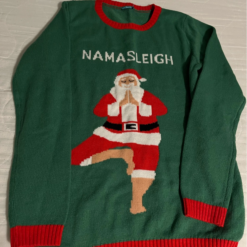 NAMASLEIGH  Green Crewneck Holiday Sweater with Santa Graphic Unisex
